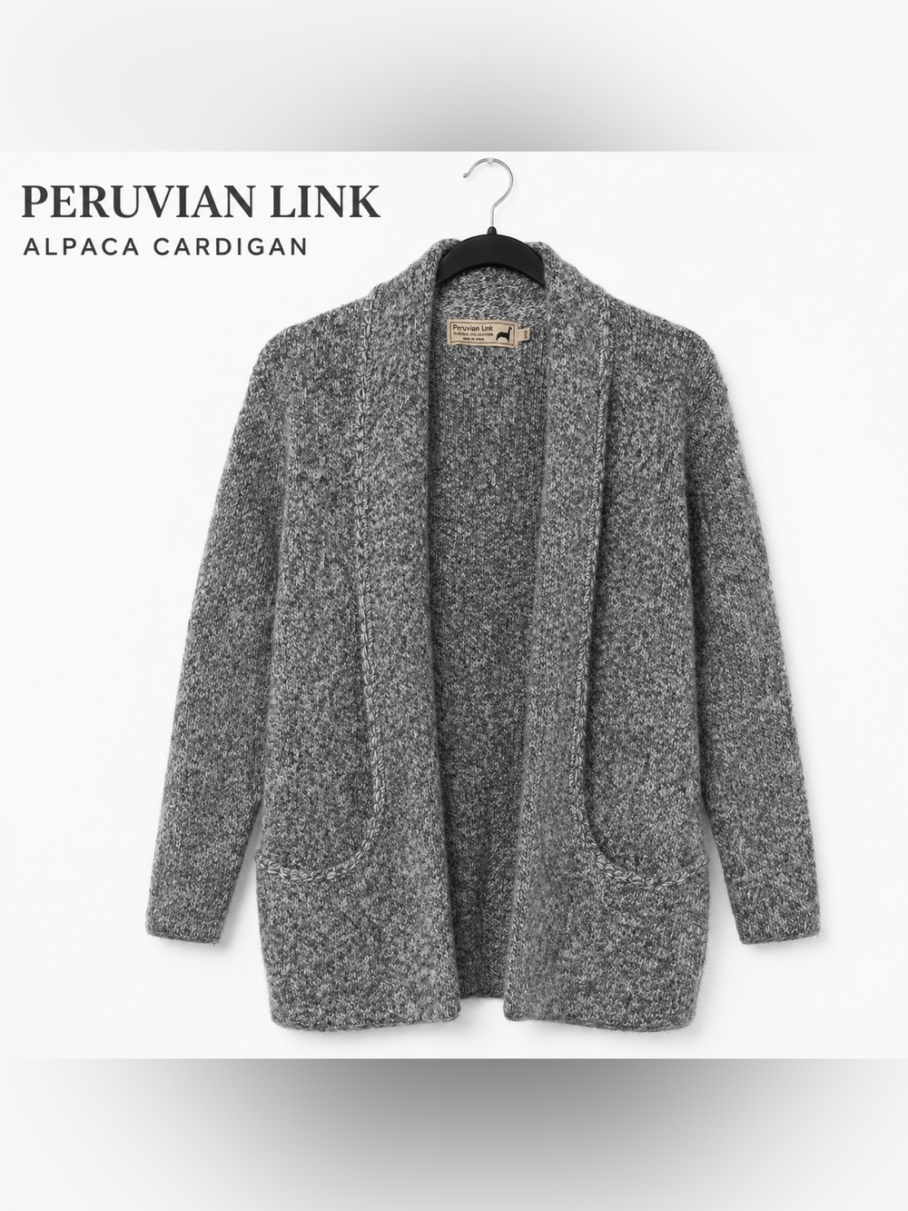 Peruvian Link 100% Alpaca Cardigan OS Gray Open Front Cottagecore - Made in Peru